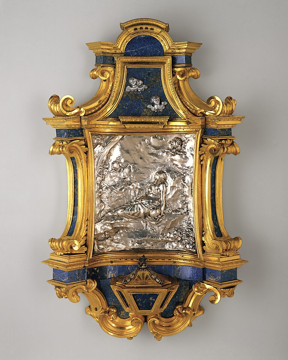 Holy-water stoup with relief of Mary of Egypt, Giovanni Giardini (Italian, Forlì 1646–1722 Rome), Lapis lazuli, silver, and gilded bronze, Italian, Rome