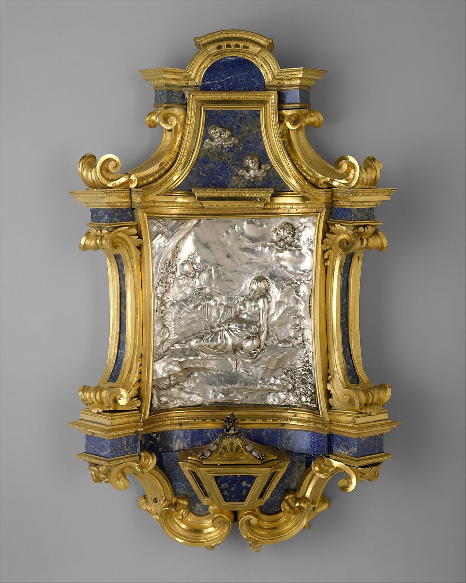 Holy-water stoup with relief of Mary of Egypt, Giovanni Giardini  Italian, Lapis lazuli, silver, and gilded bronze, Italian, Rome