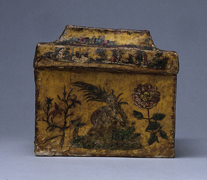 Box, Papier mâché, painted, lacquered and decorated with decoupage prints lined with colored paper, Italian, Venice