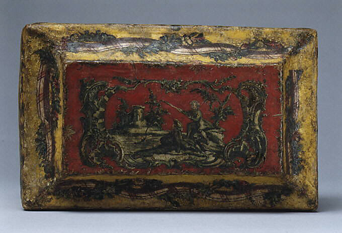 Box, Papier mâché, painted, lacquered and decorated with decoupage prints lined with colored paper, Italian, Venice