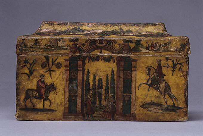 Box, Papier mâché, painted, lacquered and decorated with decoupage prints lined with colored paper, Italian, Venice