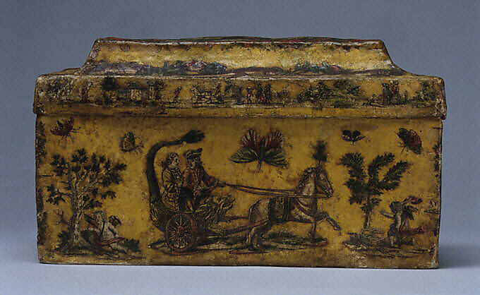Box, Papier mâché, painted, lacquered and decorated with decoupage prints lined with colored paper, Italian, Venice