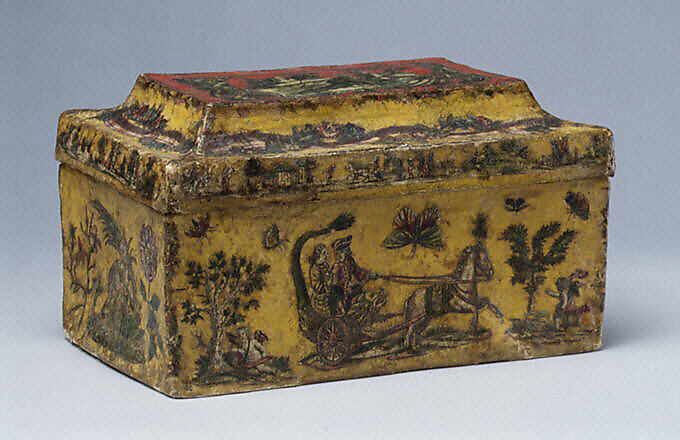 Box, Papier mâché, painted, lacquered and decorated with decoupage prints lined with colored paper, Italian, Venice