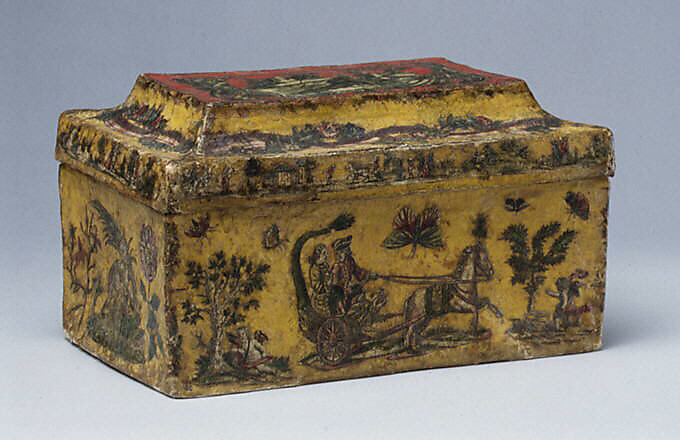 Box, Papier mâché, painted, lacquered and decorated with decoupage prints lined with colored paper, Italian, Venice 