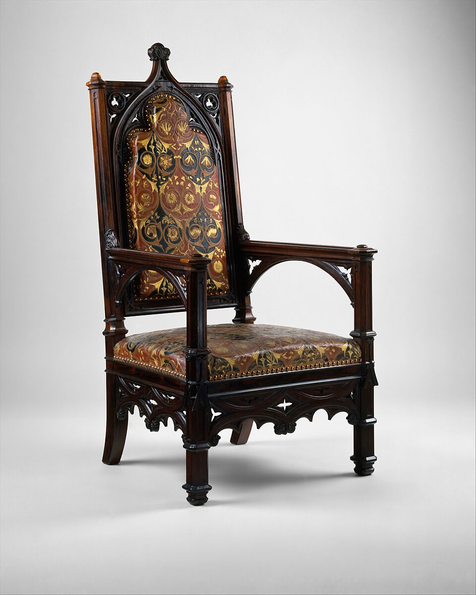 Armchair, Chair frame by the firm of Joseph-Pierre- François Jeanselme (1824–1860), Carved rosewood, leather, silk, serge, French, Paris 
