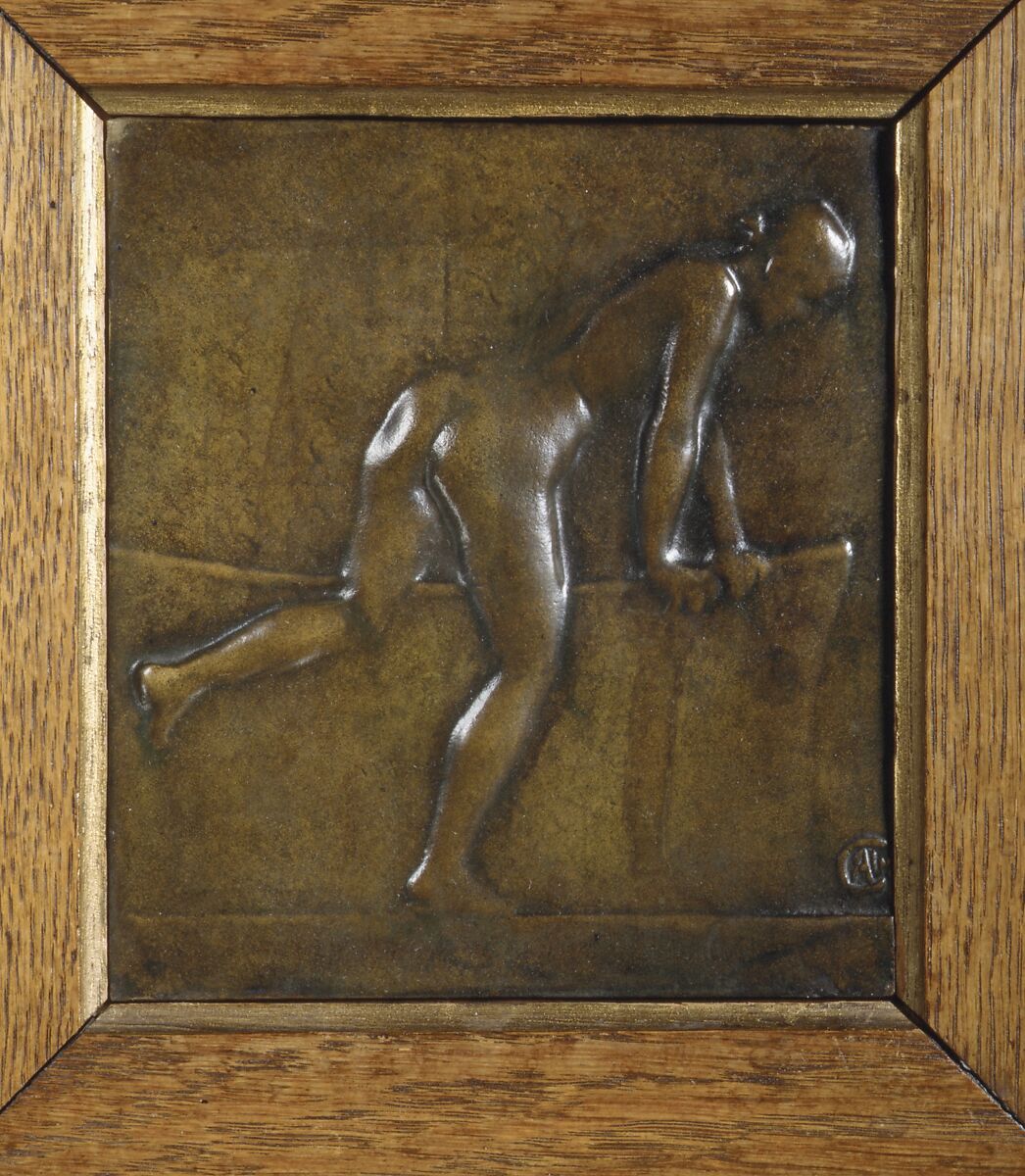 Nude at the Bathtub, Alexandre-Louis-Marie Charpentier (French, Paris 1856–1909 Neuilly), Bronze, wood frame, French 