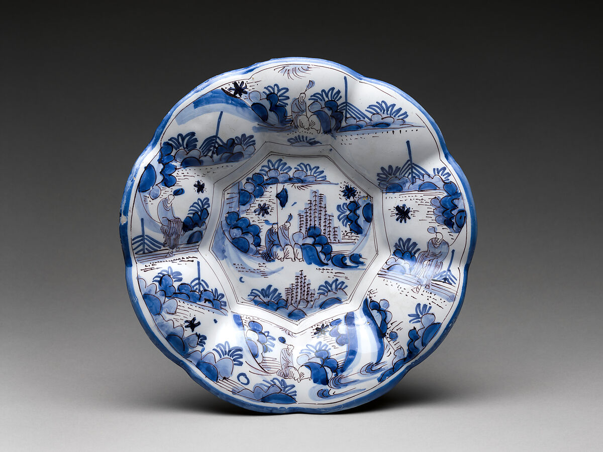 Dish with figures in a landscape, Tin-glazed earthenware with cobalt blue pigment (Delftware), probably German 