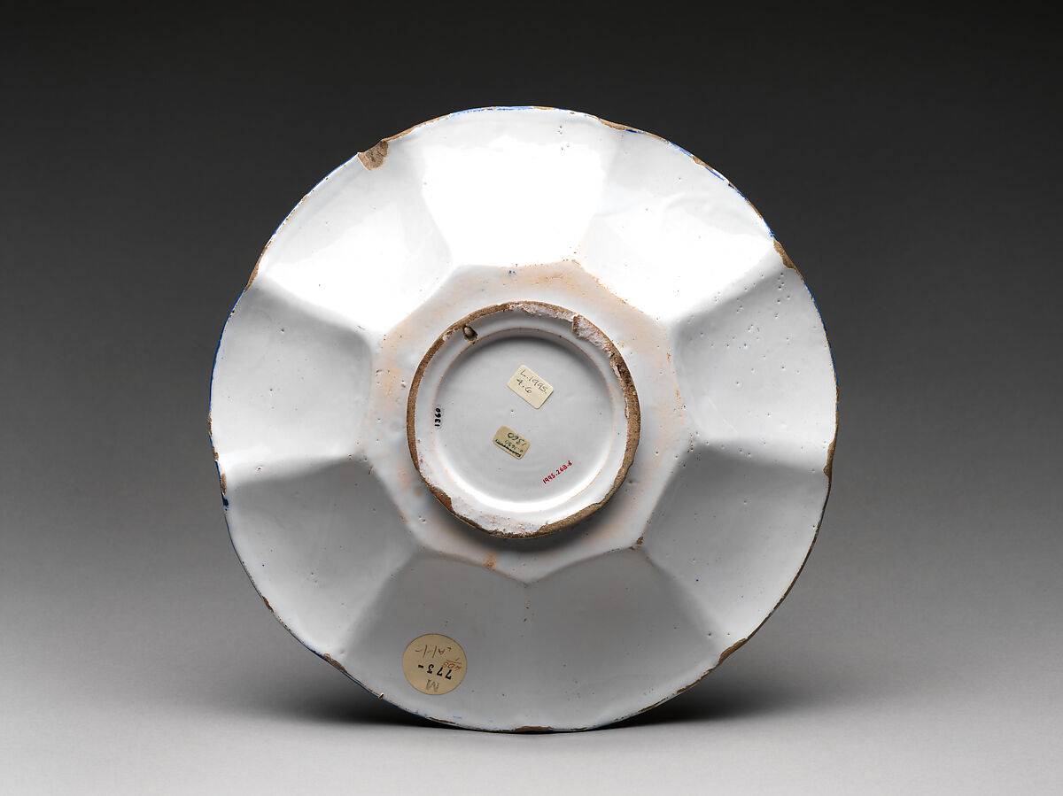 Dish with figures in a landscape, Tin-glazed earthenware with cobalt blue pigment (Delftware), probably German