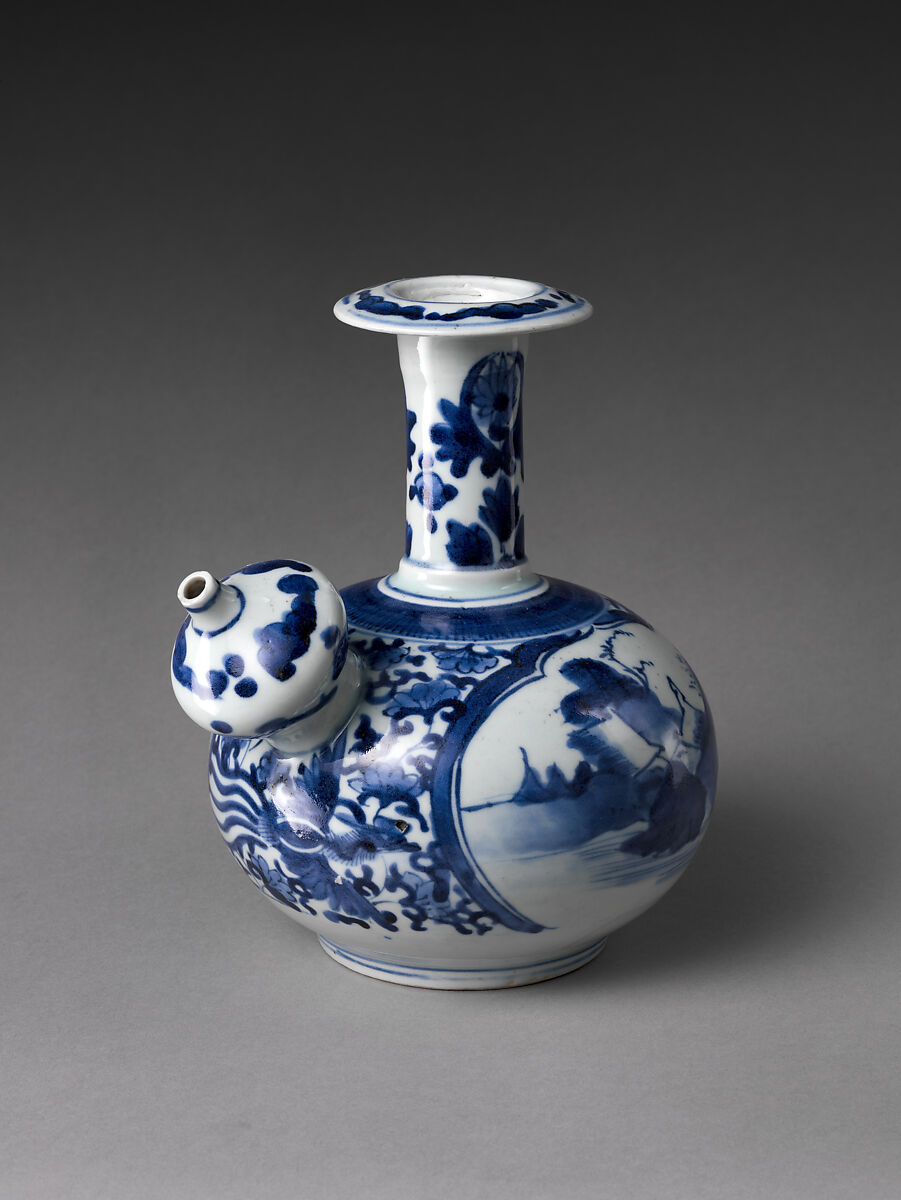Pouring vessel (kendi) with landscape, Hard-paste porcelain painted with cobalt blue under transparent glaze (Hizen ware), Japanese, for European market