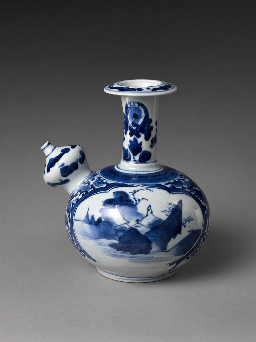 Pouring vessel (kendi) with landscape, Hard-paste porcelain painted with cobalt blue under transparent glaze (Hizen ware), Japanese, for European market 