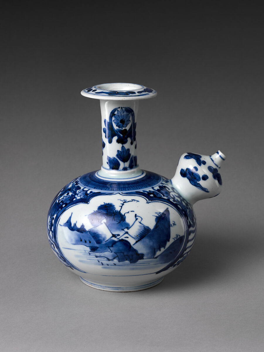 Pouring vessel (kendi) with landscape, Hard-paste porcelain painted with cobalt blue under transparent glaze (Hizen ware), Japanese, for European market