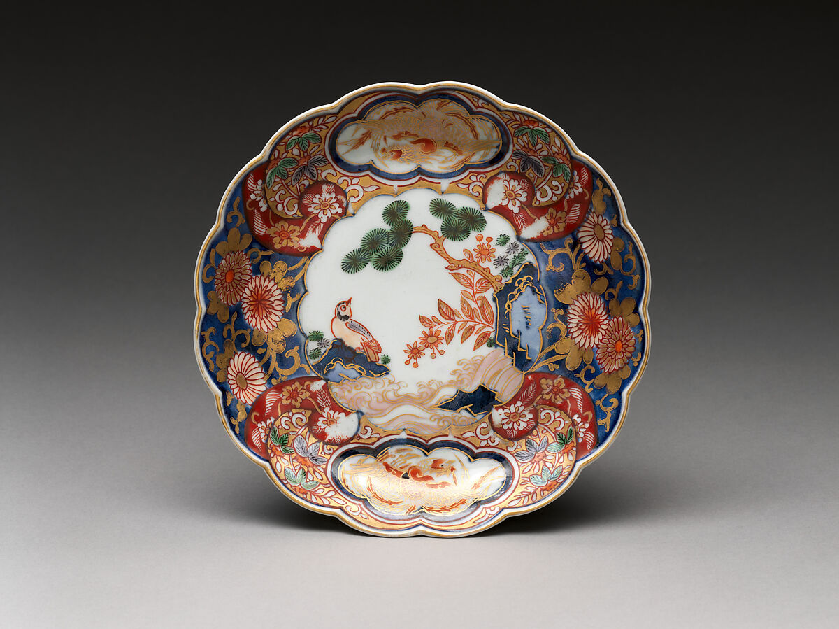 Dish with rocks, flowers, and birds, Hard-paste porcelain with colored enamels under transparent glaze (Hizen ware; Imari type), Japanese, for European market 