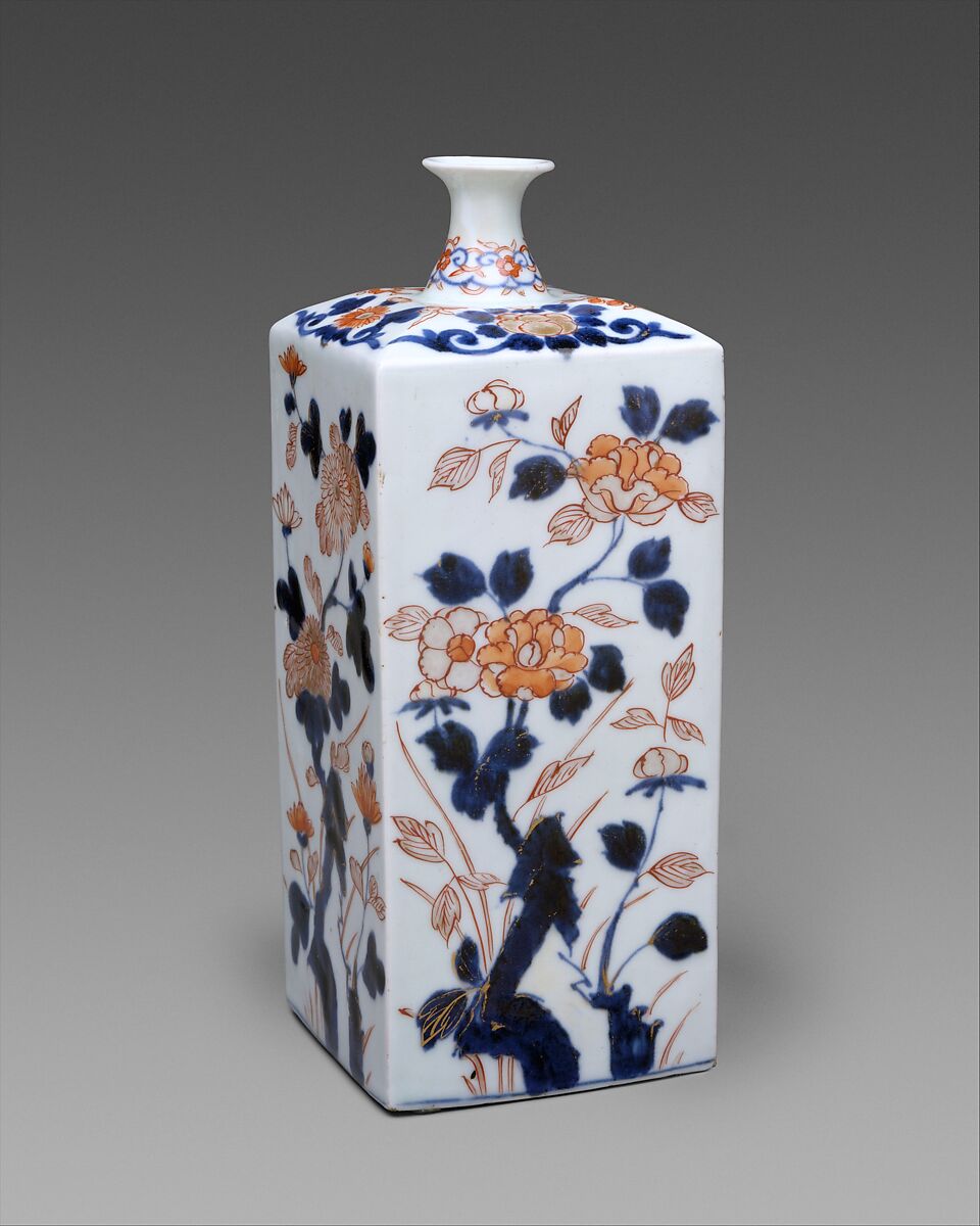 Bottle with flowers of the four seasons, Hard-paste porcelain painted with colored enamels over transparent glaze (Hizen ware; Imari type), Japanese, for European, probably Dutch, market 