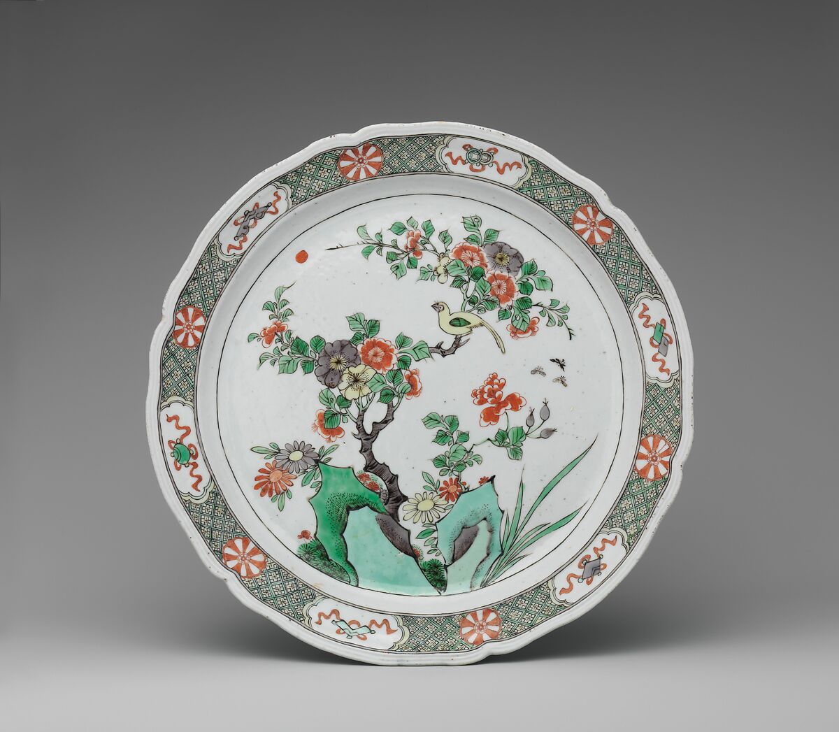 Dish with rocks, flowers, and birds, Hard-paste porcelain painted with colored enamels over transparent glaze (Jingdezhen ware), Chinese, for European, probably French, market 