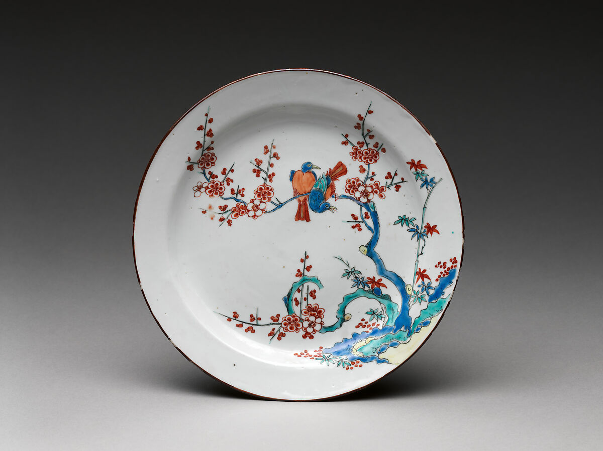 Dish with flowers and birds, Hard-paste porcelain (Jingdezhen ware), Chinese with Dutch decoration 