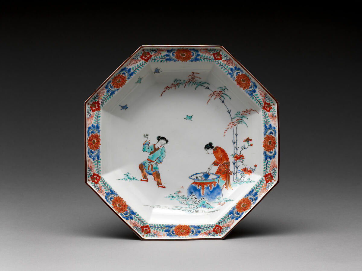 Dish with the Chinese story of Sima Guang, Hard-paste porcelain painted with colored enamels over transparent glaze (Hizen ware; Kakiemon type), Japanese, for European market 