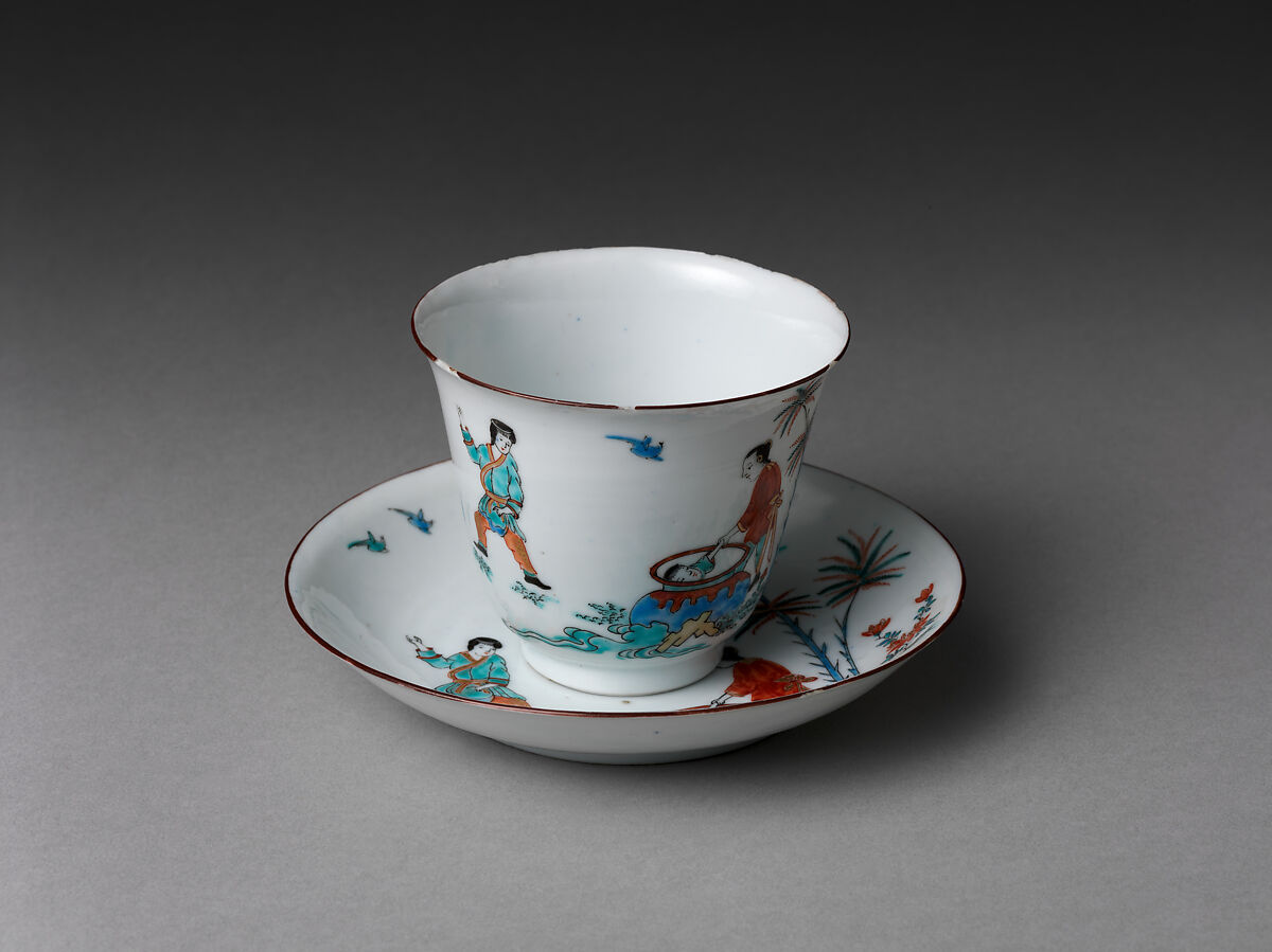 Cup and saucer with the Chinese story of Sima Guang, Hard-paste porcelain decorated with colored enamels over transparent glaze (Jingdezhen ware), Chinese with Dutch decoration 