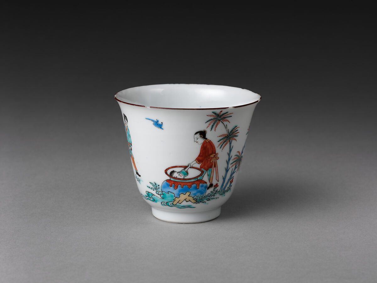 Cup and saucer with the Chinese story of Sima Guang, Hard-paste porcelain decorated with colored enamels over transparent glaze (Jingdezhen ware), Chinese with Dutch decoration
