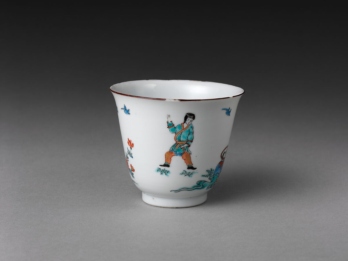 Cup and saucer with the Chinese story of Sima Guang, Hard-paste porcelain decorated with colored enamels over transparent glaze (Jingdezhen ware), Chinese with Dutch decoration