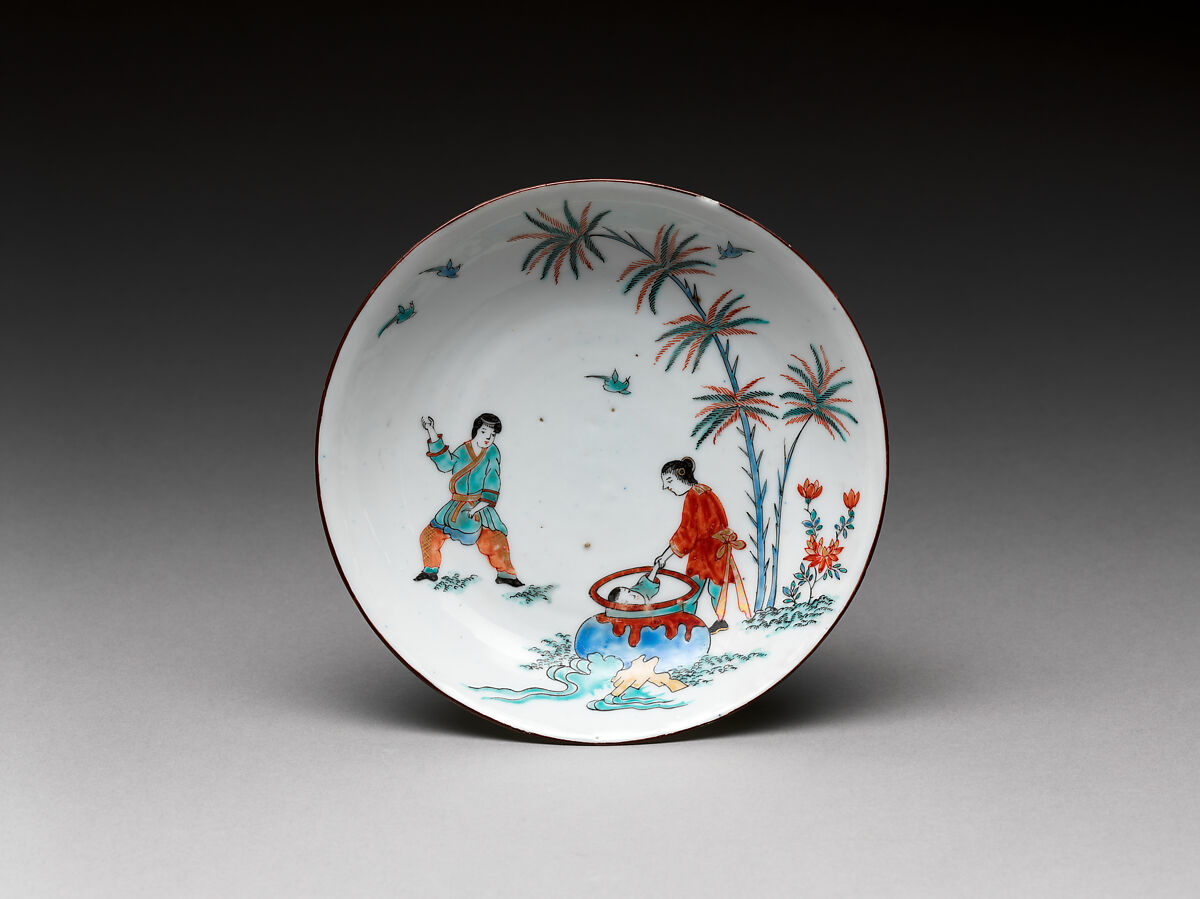 Cup and saucer with the Chinese story of Sima Guang, Hard-paste porcelain decorated with colored enamels over transparent glaze (Jingdezhen ware), Chinese with Dutch decoration