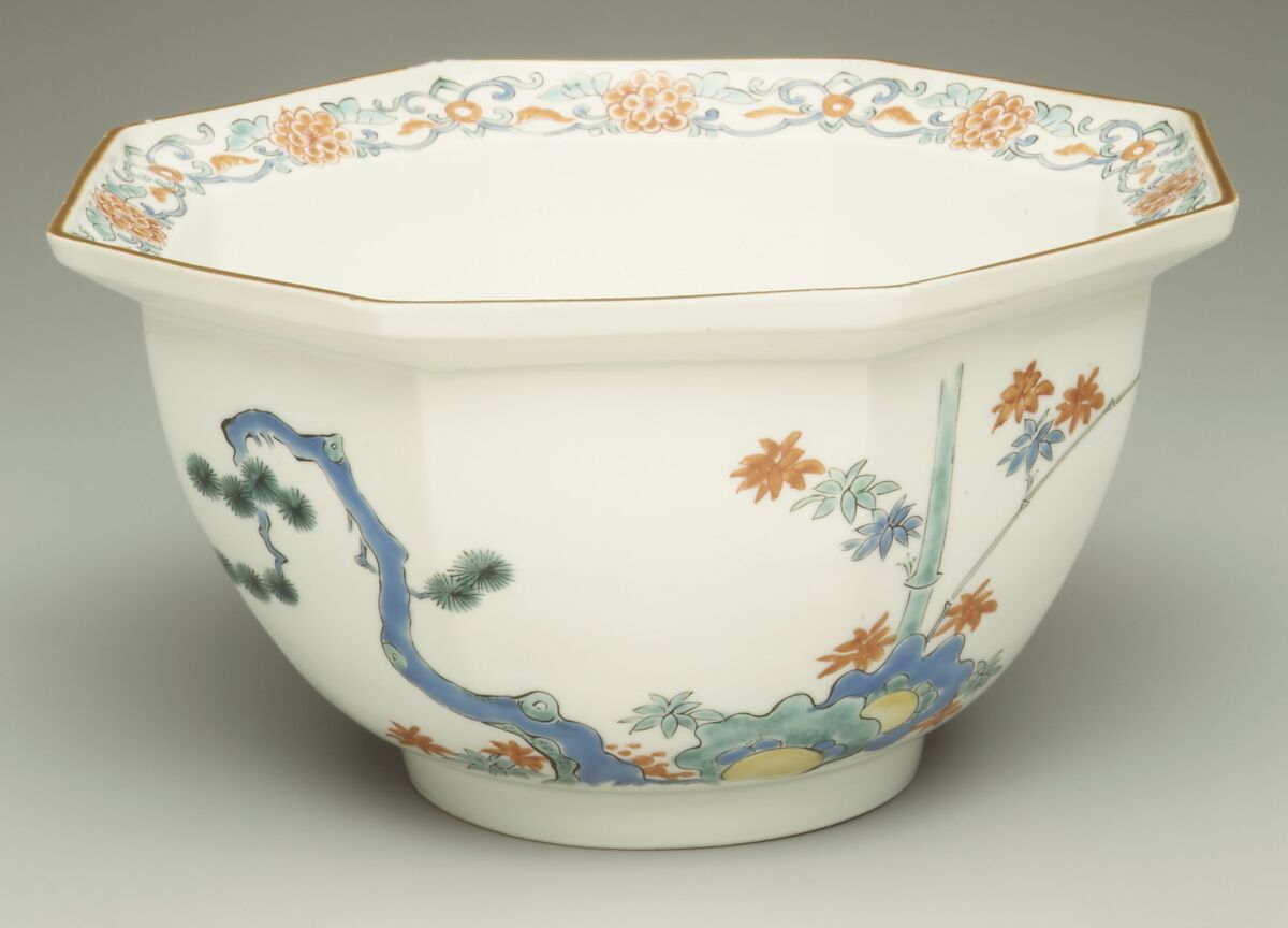 Bowl with rocks and trees, Hard-paste porcelain with colored enamels over transparent glaze (Hizen ware; Kakiemon type), Japanese, for European market 