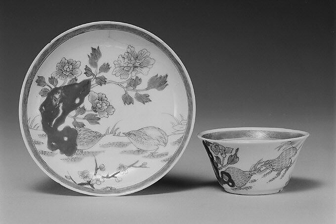 Teabowl and saucer with quail and peonies, Hard-paste porcelain painted with colored enamels over transparent glaze (Jingdezhen ware), Chinese, for European market 