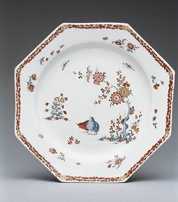Plate with quail and peonies, Bow Porcelain Factory (British, 1747–1776), Soft-paste porcelain painted with colored enamels over transparent glaze, British, Bow, London 