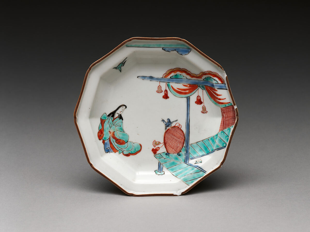 Plate with Japanese court woman and birds, Hard-paste porcelain painted with colored enamels over transparent glaze (Hizen ware; Imari type), Japanese, for European market 