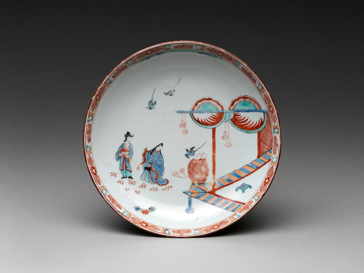 Dish with Japanese court woman and birds, Hard-paste porcelain (Jingdezhen ware), Chinese with Dutch decoration 