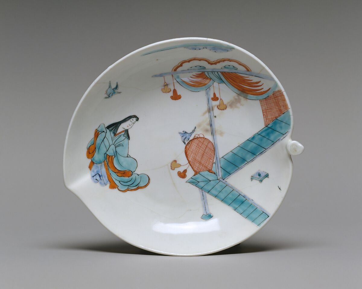 Dish with Japanese court woman and birds, Chelsea Porcelain Manufactory (British, 1744–1784), Soft-paste porcelain painted with colored enamels over transparent glaze, British, Chelsea 