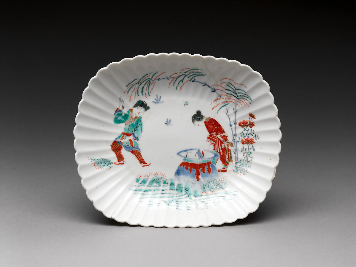 Dish with the story of "Hob in the Well", Chelsea Porcelain Manufactory (British, 1744–1784), Soft-paste porcelain painted with colored enamels over transparent glaze, British, Chelsea 