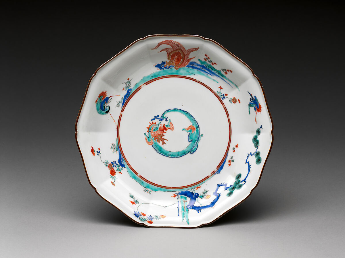 Dish with dragon, Hard-paste porcelain painted with colored enamels over transparent glaze (Hizen ware; Kakiemon type), Japanese, for European market 