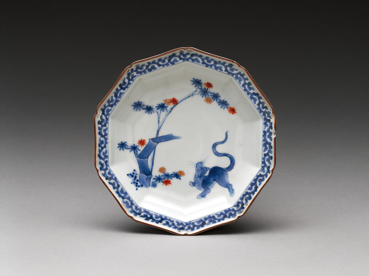 Dish with tiger and bamboo, Hard-paste porcelain painted with cobalt blue under transparent glaze (Hizen ware; Kakiemon type), Japanese, for European market 