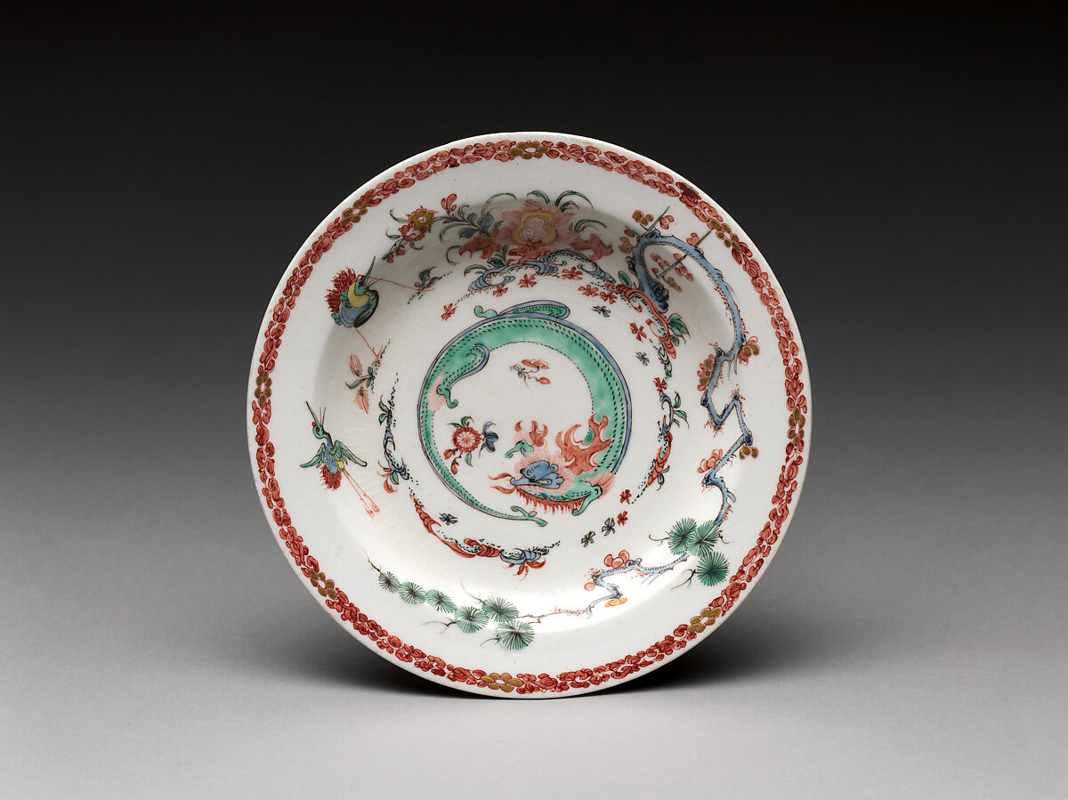 Dish with dragons, Bow Porcelain Factory (British, 1747–1776), Soft-paste porcelain painted with colored enamels over transparent glaze, British, Bow, London 