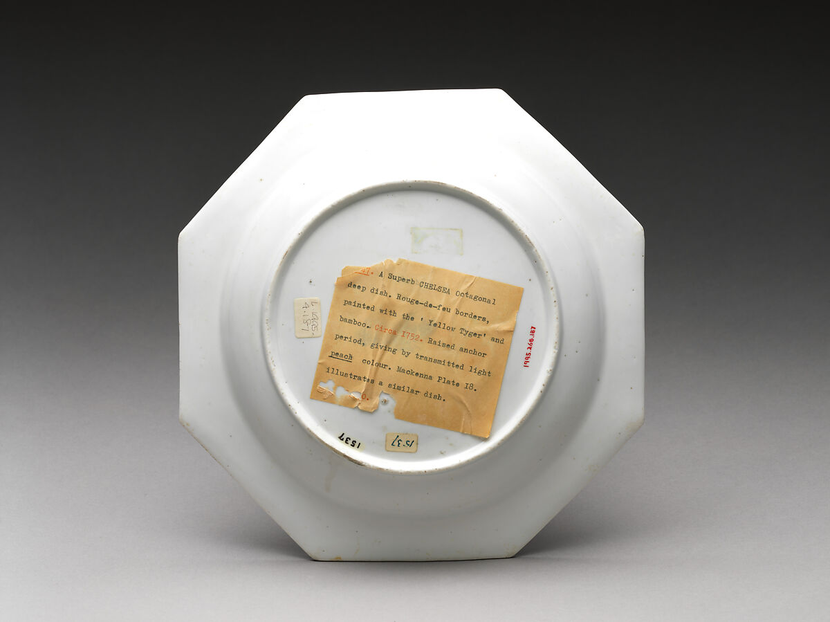 Plate with tiger and bamboo, Chelsea Porcelain Manufactory (British, 1744–1784), Soft-paste porcelain painted with colored enamels over transparent glaze, British, Chelsea