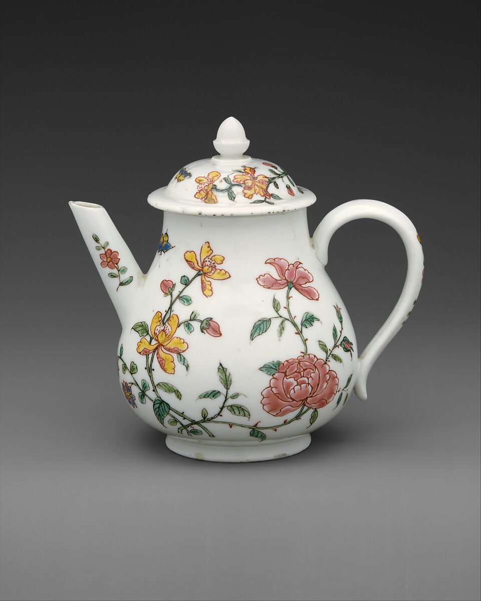 Teapot with cover, Meissen Manufactory (German, 1710–present), Hard-paste porcelain, German, Meissen, with Dutch decoration 