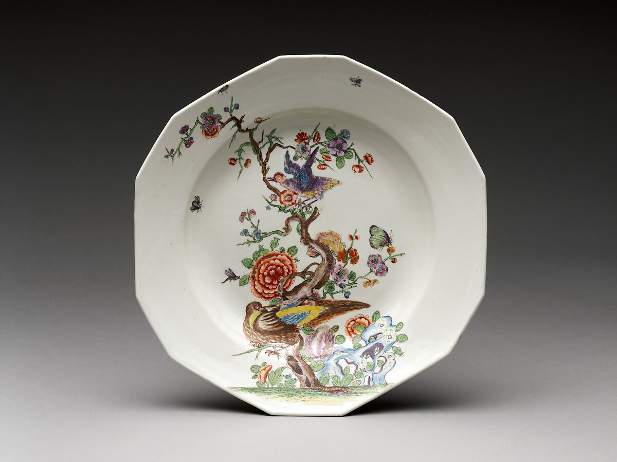 Dish with tree, flowers, and birds, Vienna, Hard-paste porcelain painted with colored enamels over transparent glaze, Austrian, Vienna 