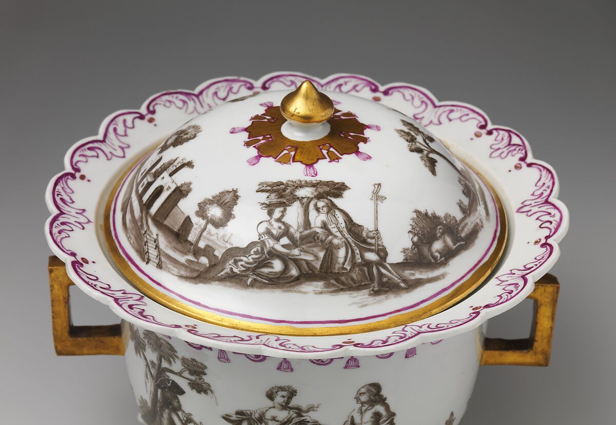 Covered bowl with figures in landscape, Vienna, Hard-paste porcelain painted with colored enamels over transparent glaze, Austrian, Vienna