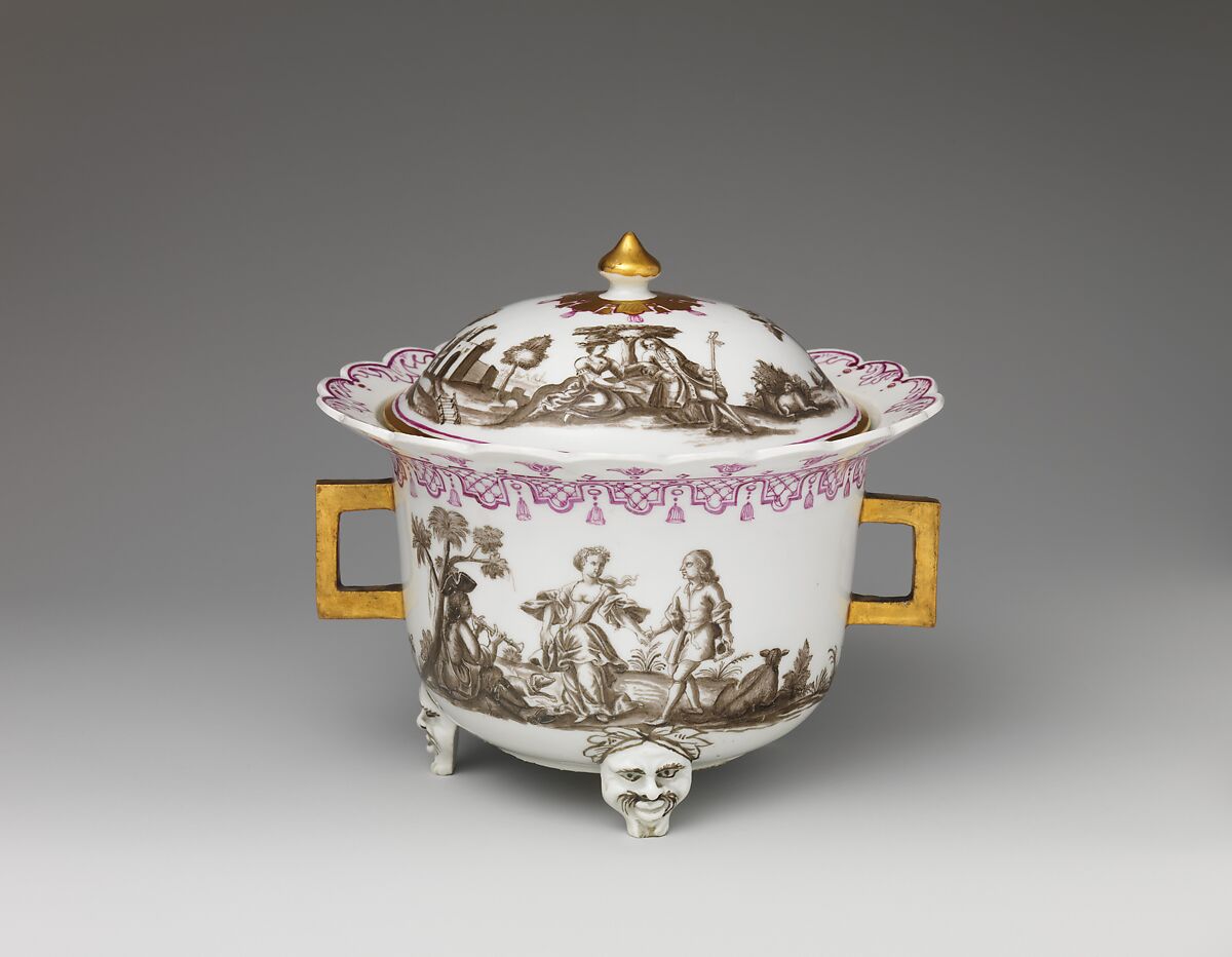 Covered bowl with figures in landscape, Vienna, Hard-paste porcelain painted with colored enamels over transparent glaze, Austrian, Vienna