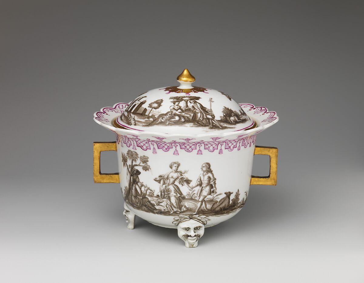 Covered bowl with figures in landscape, Vienna, Hard-paste porcelain painted with colored enamels over transparent glaze, Austrian, Vienna 