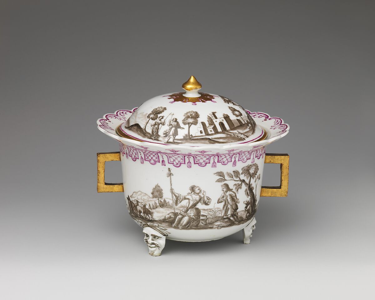 Covered bowl with figures in landscape, Vienna, Hard-paste porcelain painted with colored enamels over transparent glaze, Austrian, Vienna
