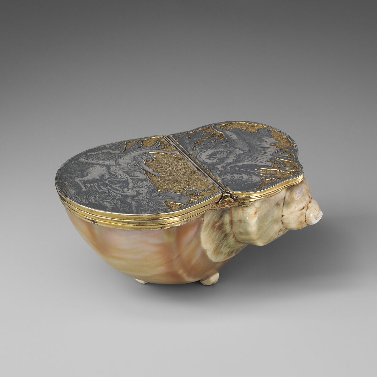 Table snuffbox, Jacques de Lajoüe , published in Paris 1736 French, Green Turban snail shell; gilded, matted, punched, and engraved silver; niello, Russian, probably Velikiy Ustyug