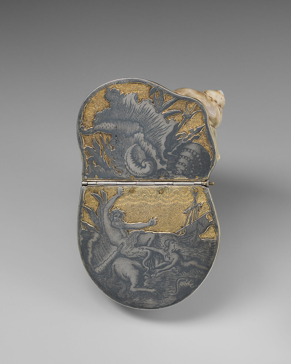 Table snuffbox, Niello scenes after a print entitled Naufrage (Shipwreck) by Jacques de Lajoüe (French, Paris 1686–1761 Paris)  , published in Paris 1736, Green Turban snail shell; gilded, matted, punched, and engraved silver; niello, Russian, probably Velikiy Ustyug