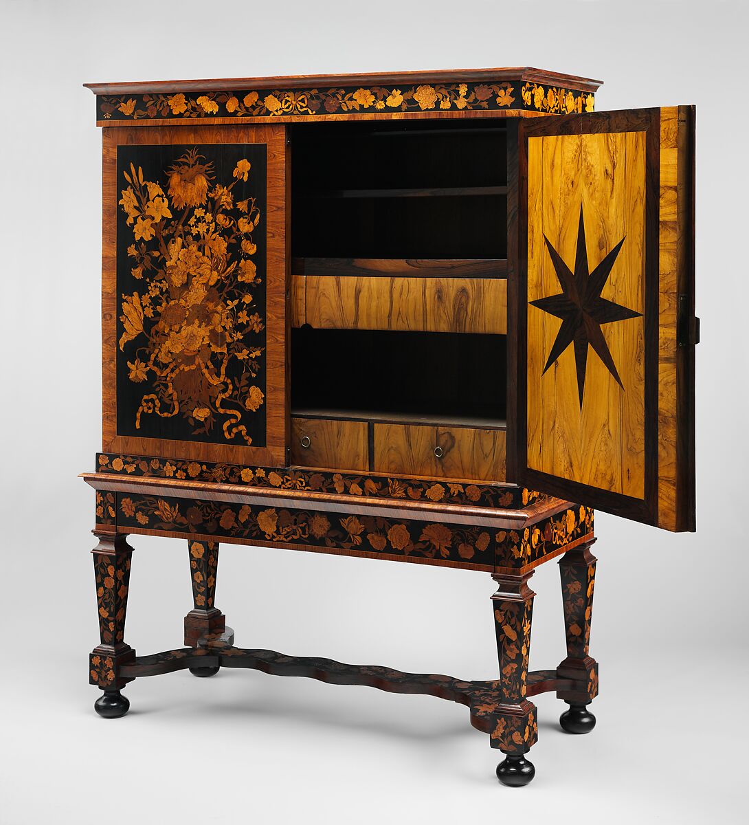 Cabinet on stand, Attributed to Jan van Mekeren (Dutch, Tiel ca. 1658–1733 Amsterdam), Oak veneered with rosewood, olivewood, ebony, holly, tulipwood, barberry and other partly green-stained marquetry woods, Dutch, Amsterdam