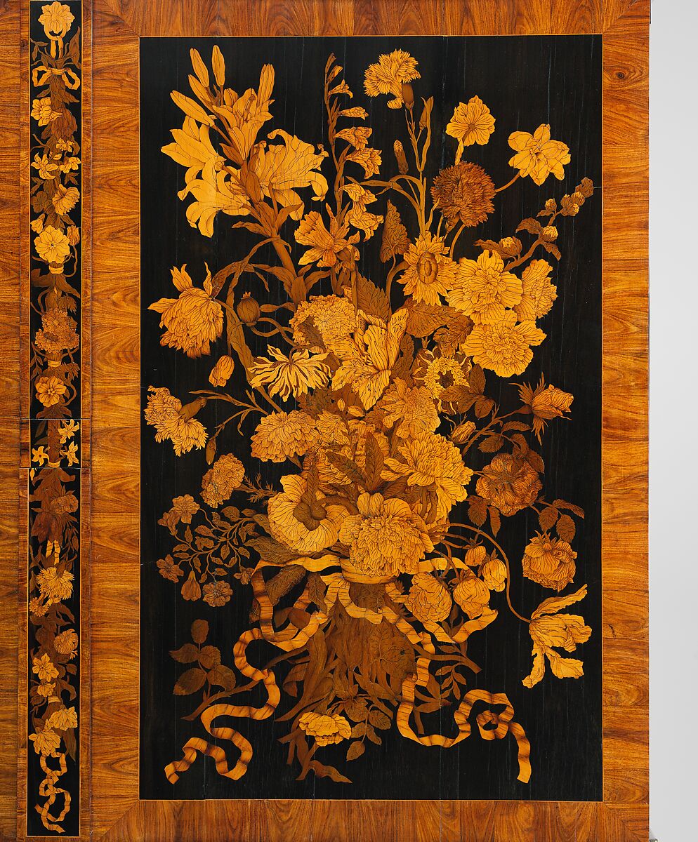 Cabinet on stand, Attributed to Jan van Mekeren (Dutch, Tiel ca. 1658–1733 Amsterdam), Oak veneered with rosewood, olivewood, ebony, holly, tulipwood, barberry and other partly green-stained marquetry woods, Dutch, Amsterdam