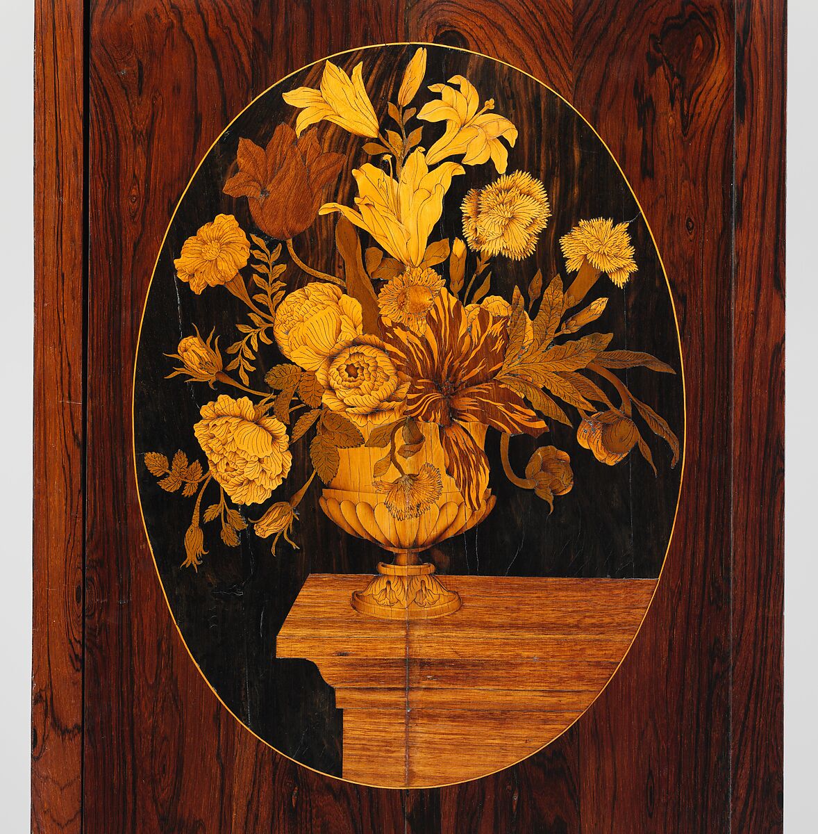 Cabinet on stand, Attributed to Jan van Mekeren (Dutch, Tiel ca. 1658–1733 Amsterdam), Oak veneered with rosewood, olivewood, ebony, holly, tulipwood, barberry and other partly green-stained marquetry woods, Dutch, Amsterdam