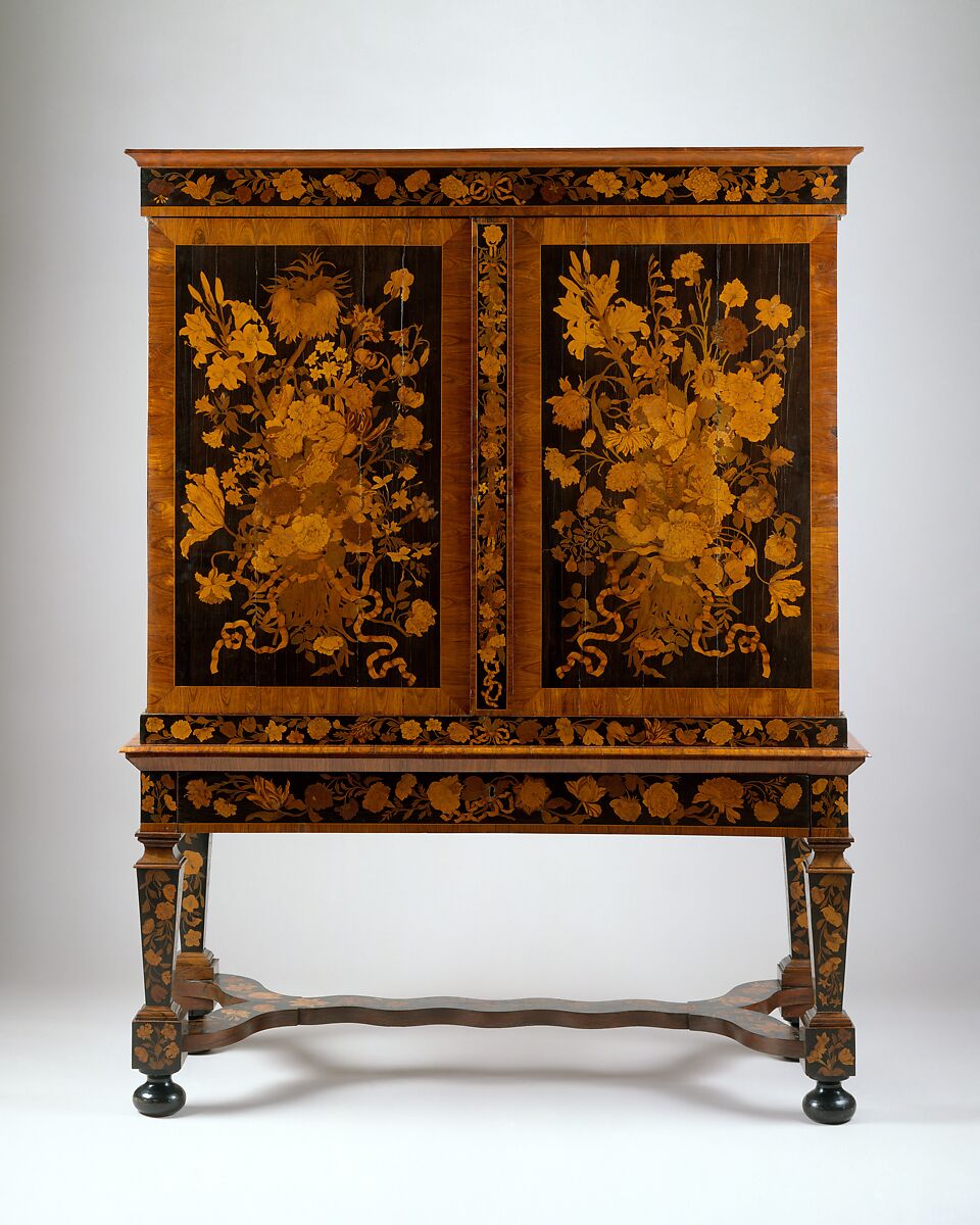 Cabinet on stand, Attributed to Jan van Mekeren (Dutch, Tiel ca. 1658–1733 Amsterdam), Oak veneered with rosewood, olivewood, ebony, holly, tulipwood, barberry and other partly green-stained marquetry woods, Dutch, Amsterdam
