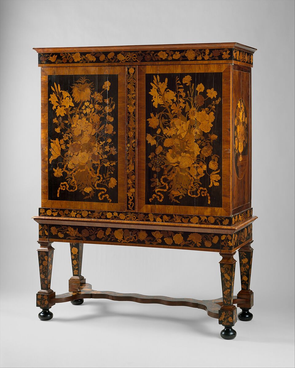Cabinet on stand, Attributed to Jan van Mekeren (Dutch, Tiel ca. 1658–1733 Amsterdam), Oak veneered with rosewood, olivewood, ebony, holly, tulipwood, barberry and other partly green-stained marquetry woods, Dutch, Amsterdam 