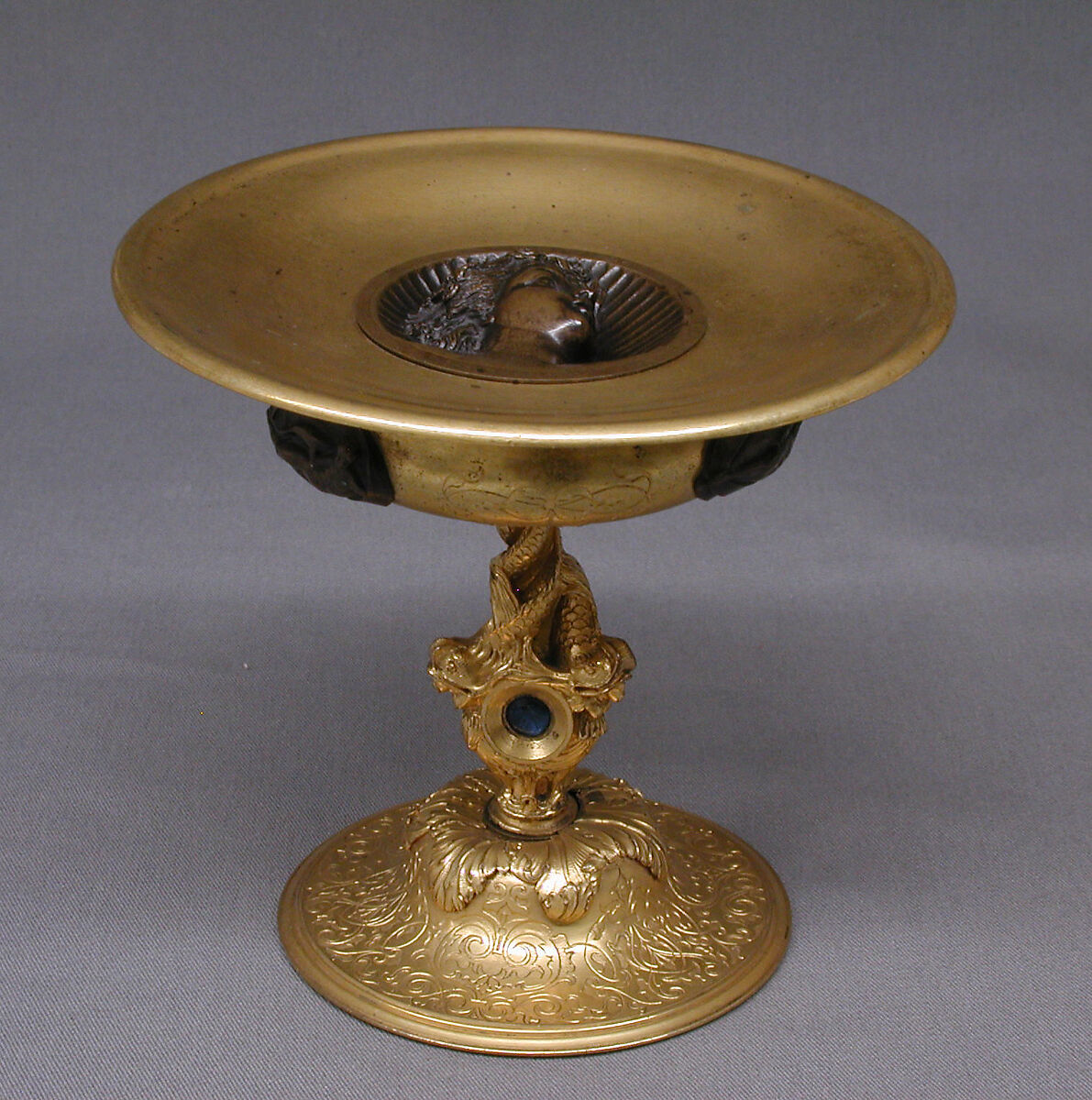 Tazza, Henri-Baron de Triqueti (French, 1803–1874), Gilt bronze, patinated bronze, glass stones, French 