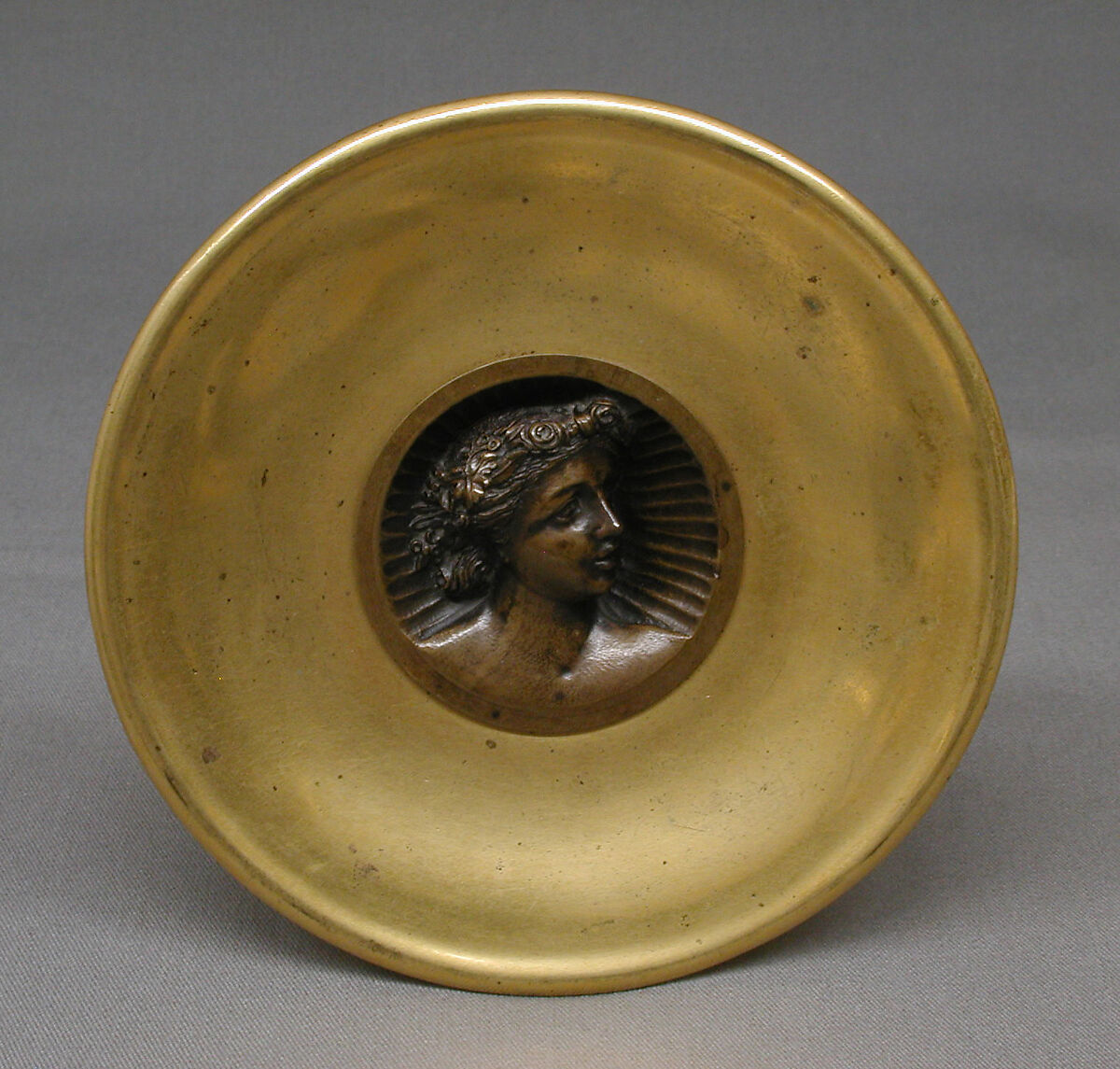 Tazza, Henri-Baron de Triqueti (French, 1803–1874), Gilt bronze, patinated bronze, glass stones, French